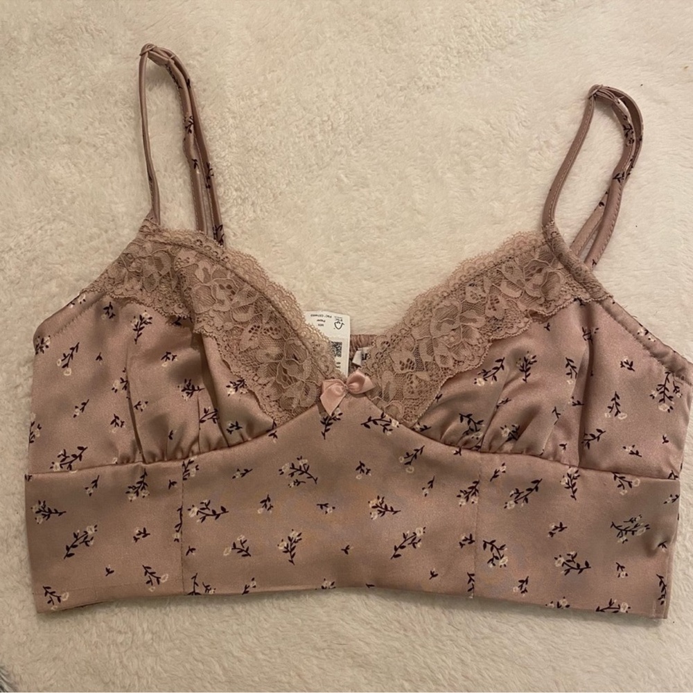 BNWT Garage Nova Lace Trim Satin Bustier in Dreamy Mauve Ditsy Floral